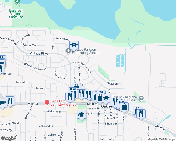 map of restaurants, bars, coffee shops, grocery stores, and more near 333 Lakespring Place in Oakley