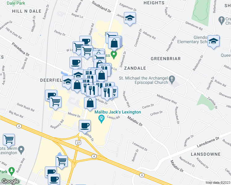 map of restaurants, bars, coffee shops, grocery stores, and more near 135 Malabu Drive in Lexington