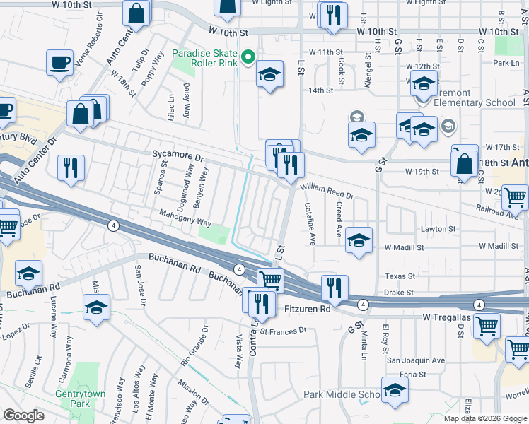 map of restaurants, bars, coffee shops, grocery stores, and more near 2301 Lemontree Way in Antioch