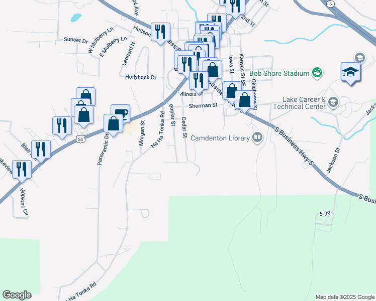 map of restaurants, bars, coffee shops, grocery stores, and more near 266 Cedar Street in Camdenton