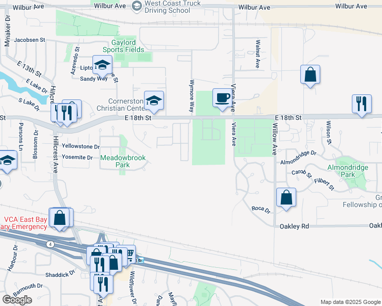 map of restaurants, bars, coffee shops, grocery stores, and more near 1917 Geneva Lane in Antioch