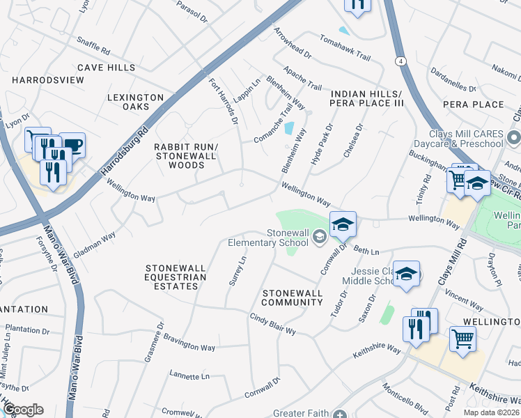 map of restaurants, bars, coffee shops, grocery stores, and more near 804 Blenheim Court in Lexington