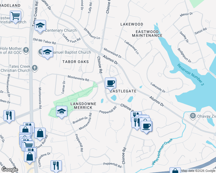 map of restaurants, bars, coffee shops, grocery stores, and more near 3609 Hidden Pond Rd in Lexington