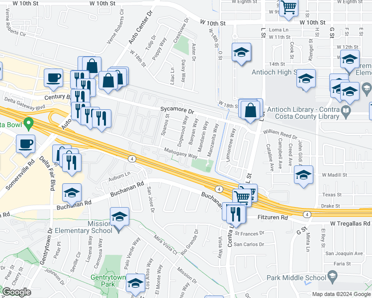 map of restaurants, bars, coffee shops, grocery stores, and more near 2318 Banyan Way in Antioch