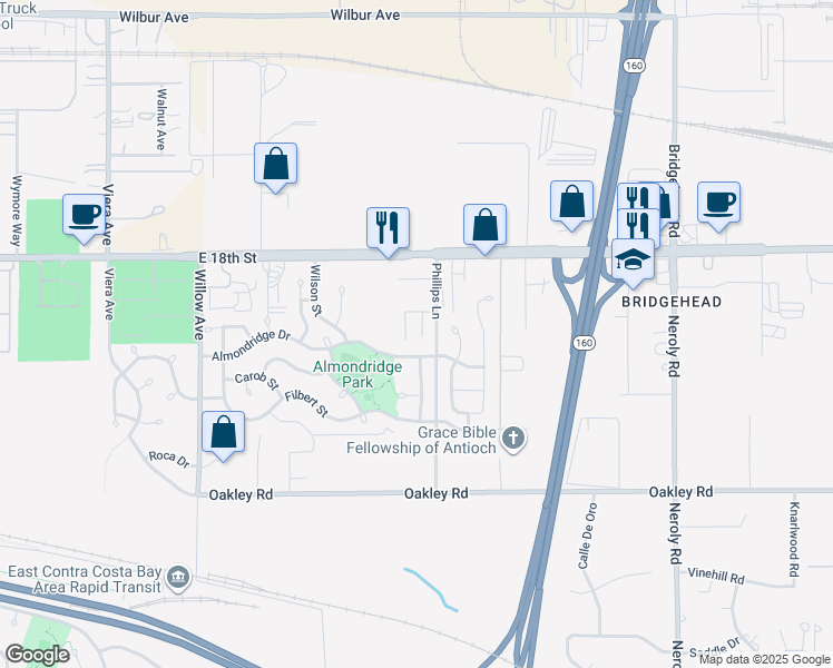 map of restaurants, bars, coffee shops, grocery stores, and more near 1880 Phillips Lane in Antioch