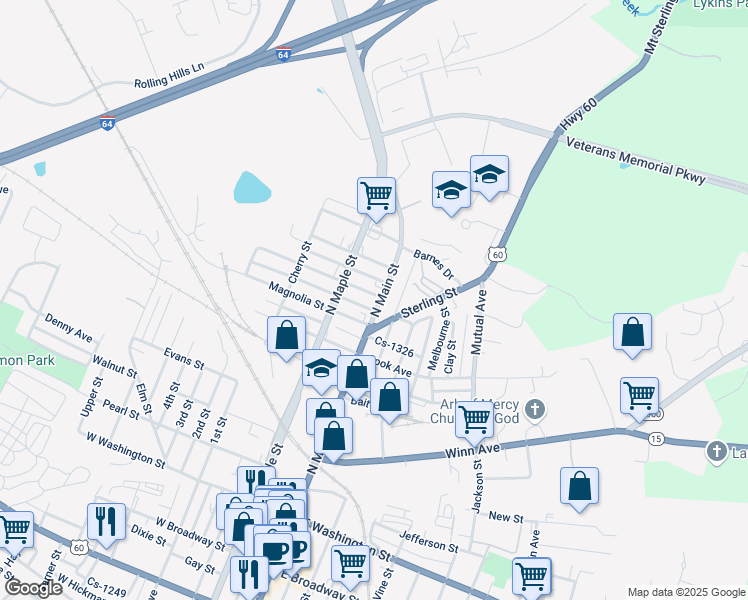map of restaurants, bars, coffee shops, grocery stores, and more near 515 North Main Street in Winchester