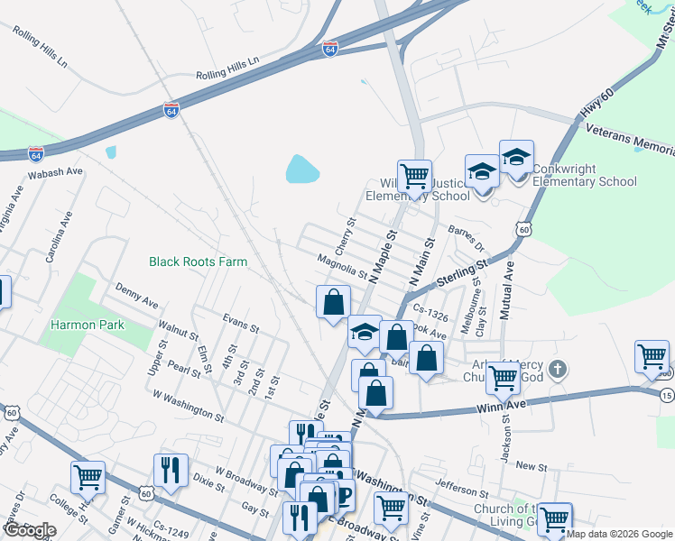 map of restaurants, bars, coffee shops, grocery stores, and more near 114 Magnolia Street in Winchester
