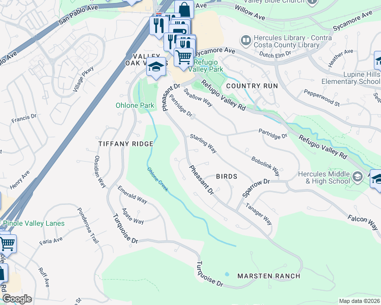 map of restaurants, bars, coffee shops, grocery stores, and more near 106 Crane Court in Hercules