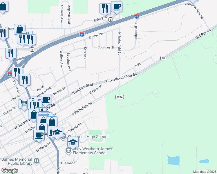 map of restaurants, bars, coffee shops, grocery stores, and more near 607 Celia Street in Saint James