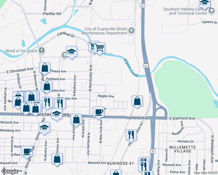 map of restaurants, bars, coffee shops, grocery stores, and more near 1105 Stanley Avenue in Evansville