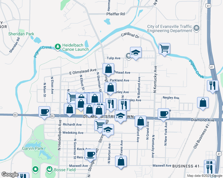 map of restaurants, bars, coffee shops, grocery stores, and more near 2551 Stringtown Road in Evansville