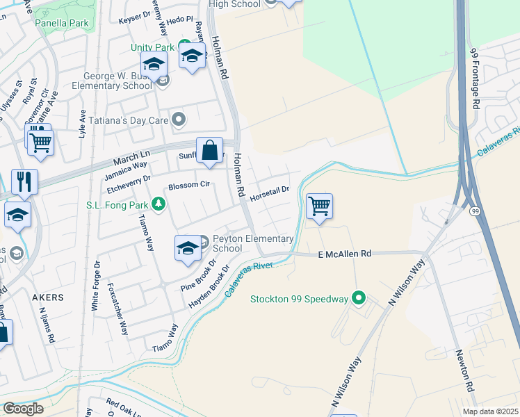 map of restaurants, bars, coffee shops, grocery stores, and more near 2929 Water Mill Court in Stockton