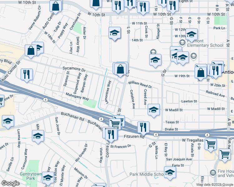 map of restaurants, bars, coffee shops, grocery stores, and more near 2205 Peppertree Way in Antioch