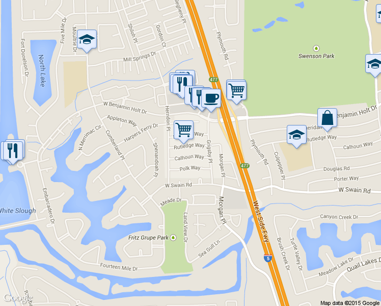 map of restaurants, bars, coffee shops, grocery stores, and more near 3147 Calhoun Way in Stockton