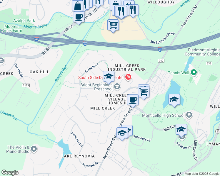 map of restaurants, bars, coffee shops, grocery stores, and more near 1232 Stoney Ridge Road in Charlottesville