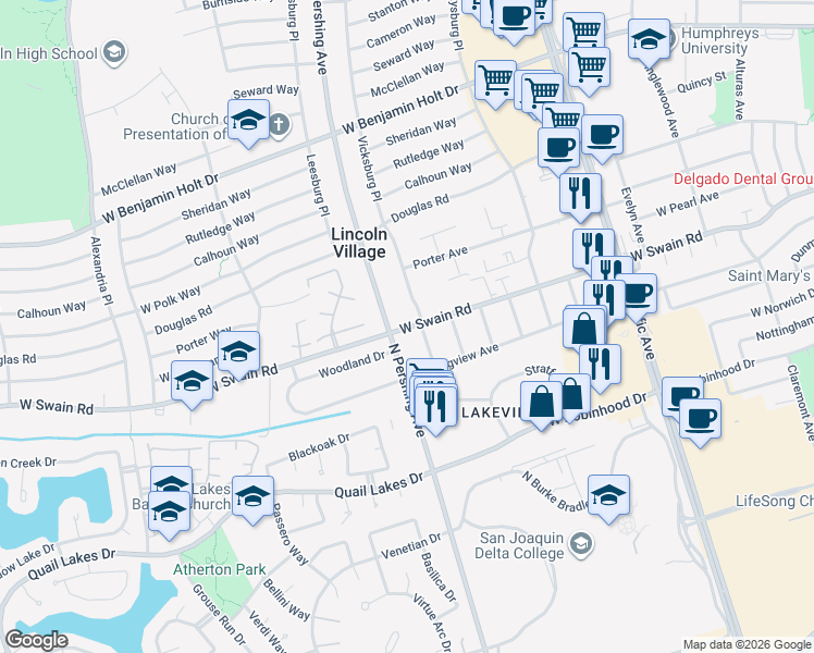 map of restaurants, bars, coffee shops, grocery stores, and more near 5971 Mitchler Avenue in Stockton