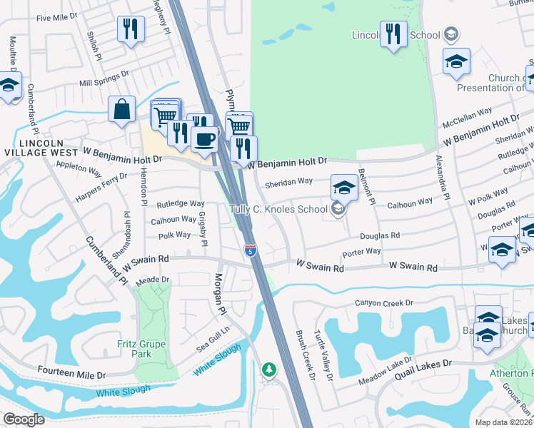 map of restaurants, bars, coffee shops, grocery stores, and more near 6409 Plymouth Road in Stockton