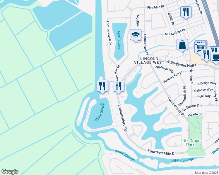 map of restaurants, bars, coffee shops, grocery stores, and more near 6653 Embarcadero Drive in Stockton