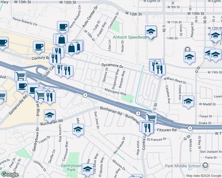 map of restaurants, bars, coffee shops, grocery stores, and more near 2327 Dogwood Way in Antioch