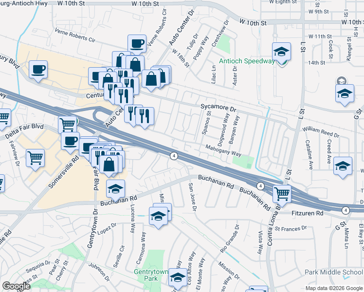 map of restaurants, bars, coffee shops, grocery stores, and more near 2405 Horizon Lane in Antioch