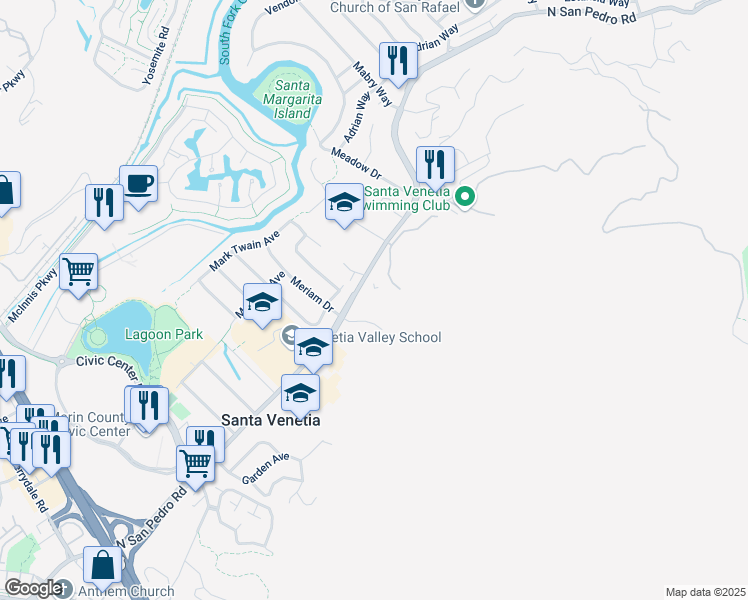 map of restaurants, bars, coffee shops, grocery stores, and more near 2 Cushing Avenue in San Rafael