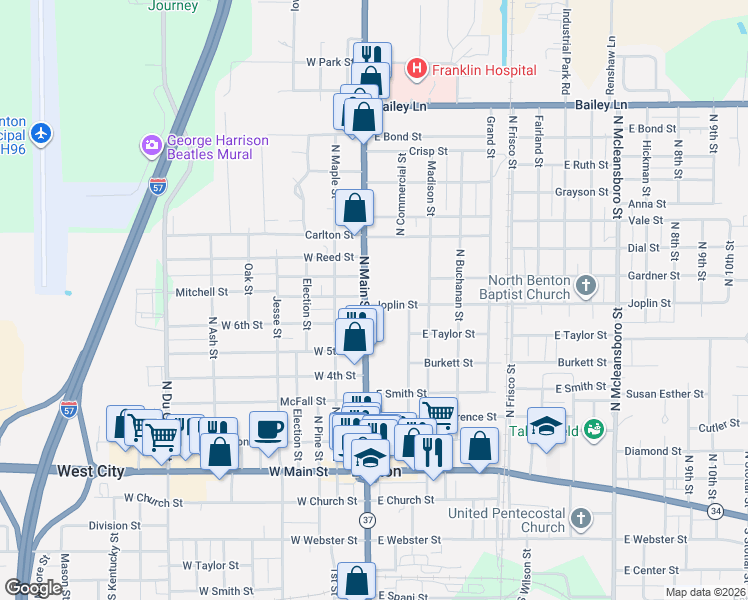 map of restaurants, bars, coffee shops, grocery stores, and more near 101-199 Joplin Street in Benton