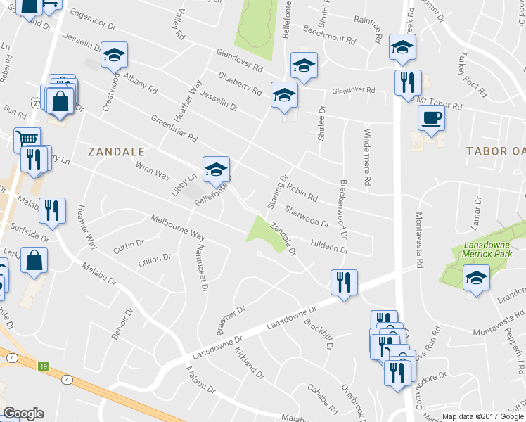map of restaurants, bars, coffee shops, grocery stores, and more near 3145 Starling Drive in Lexington
