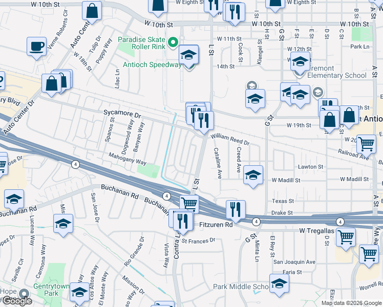 map of restaurants, bars, coffee shops, grocery stores, and more near 2204 L Street in Antioch