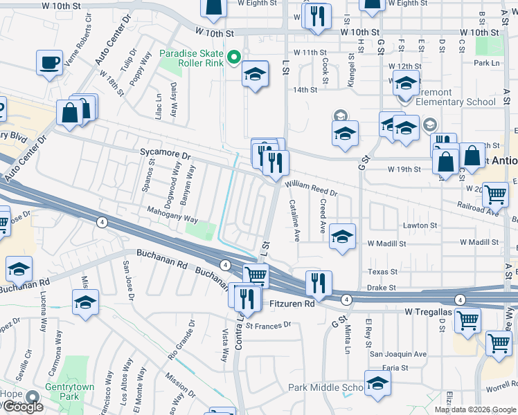 map of restaurants, bars, coffee shops, grocery stores, and more near 2205 Peppertree Way in Antioch