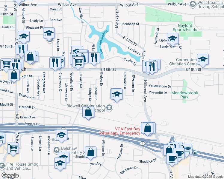 map of restaurants, bars, coffee shops, grocery stores, and more near 1913 Garden Court in Antioch