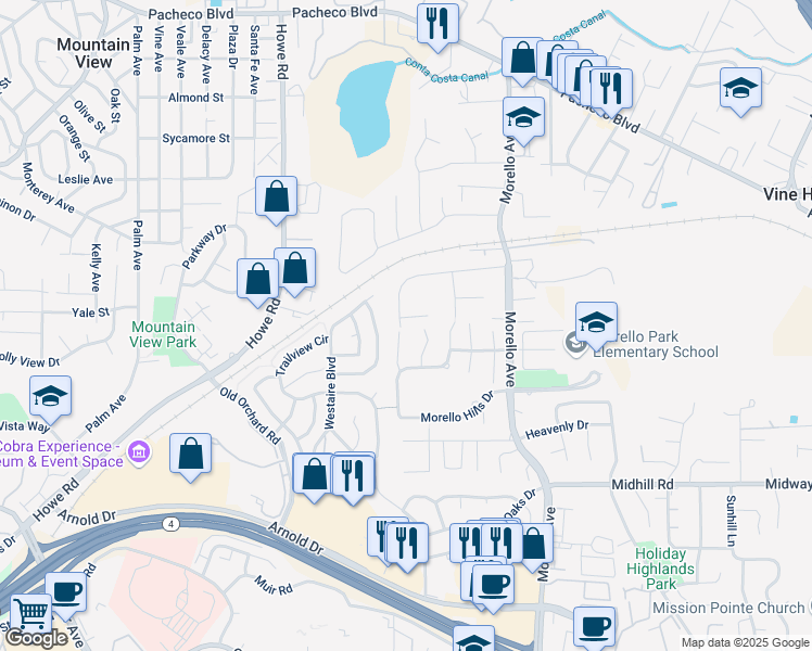 map of restaurants, bars, coffee shops, grocery stores, and more near 132 Saint Malo Court in Martinez