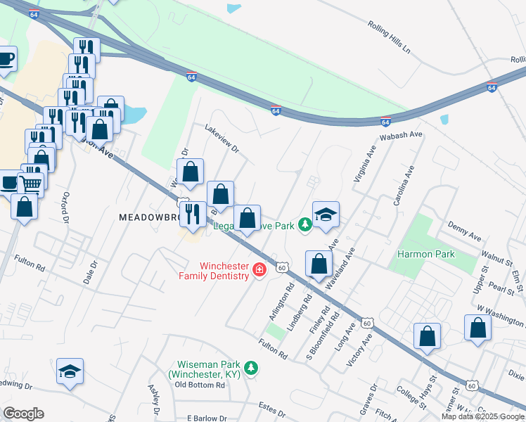 map of restaurants, bars, coffee shops, grocery stores, and more near 106 Andover Drive in Winchester