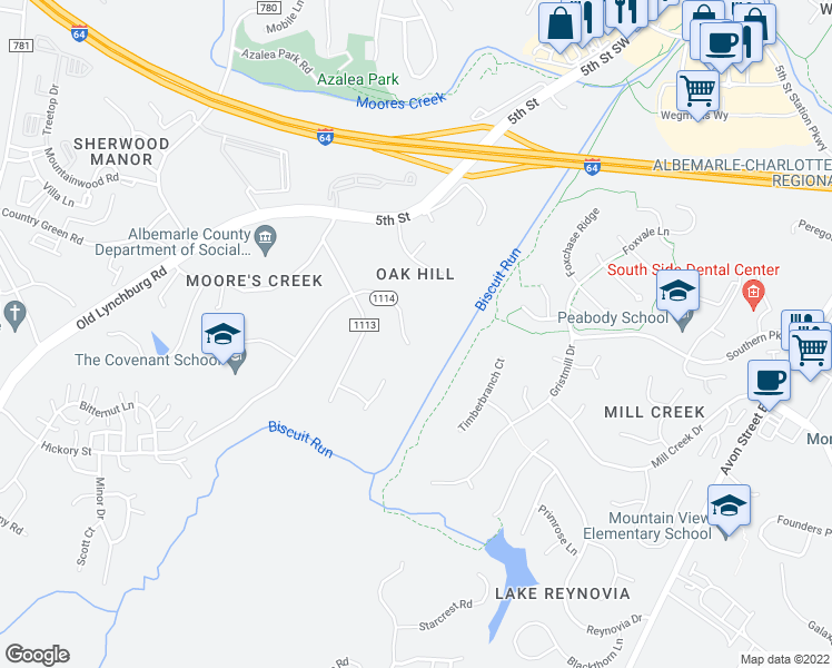 map of restaurants, bars, coffee shops, grocery stores, and more near 420 Woodhaven Court in Charlottesville