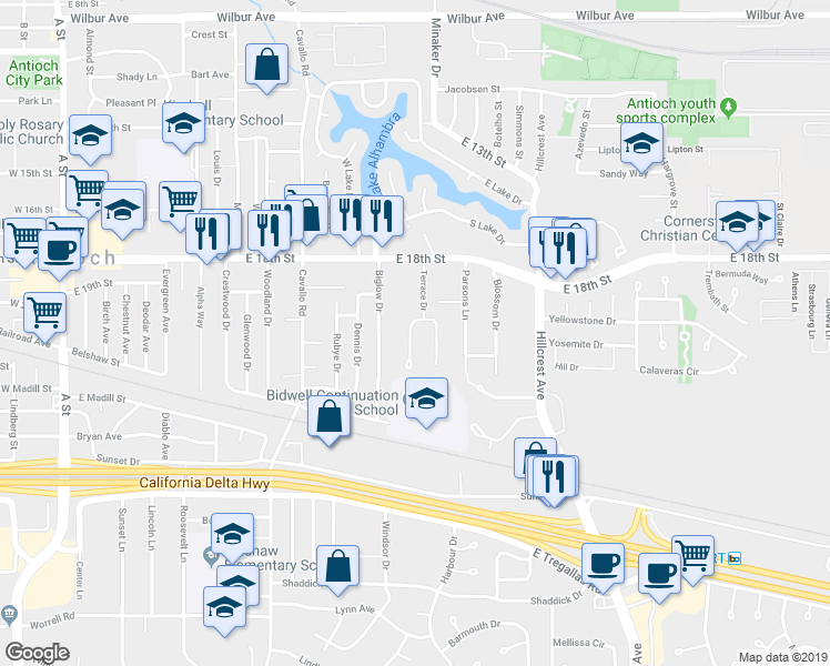 map of restaurants, bars, coffee shops, grocery stores, and more near 1913 Garden Court in Antioch