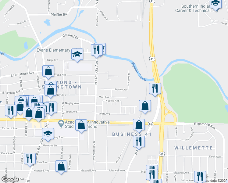 map of restaurants, bars, coffee shops, grocery stores, and more near 1105 Stanley Avenue in Evansville