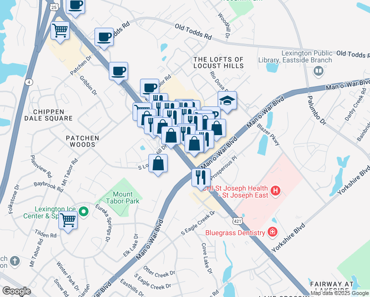 map of restaurants, bars, coffee shops, grocery stores, and more near 3015 Richmond Road in Lexington
