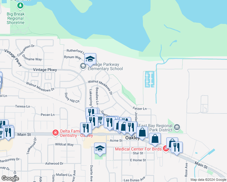map of restaurants, bars, coffee shops, grocery stores, and more near 805 Fetzer Court in Oakley