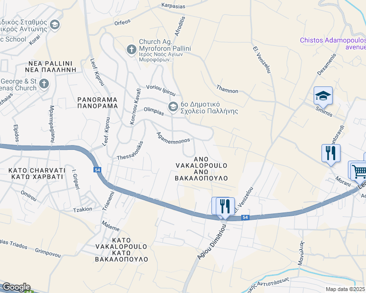 map of restaurants, bars, coffee shops, grocery stores, and more near Xenofontos in Pallini
