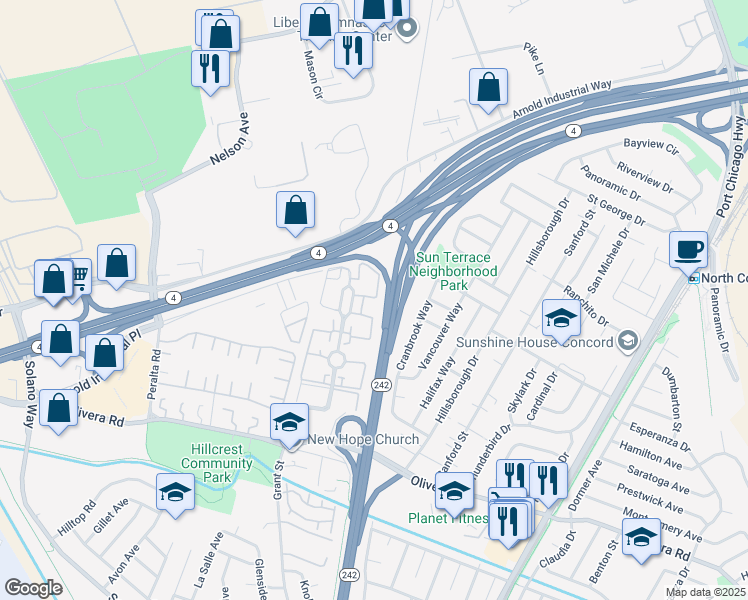 map of restaurants, bars, coffee shops, grocery stores, and more near 3725 Northwood Drive in Concord