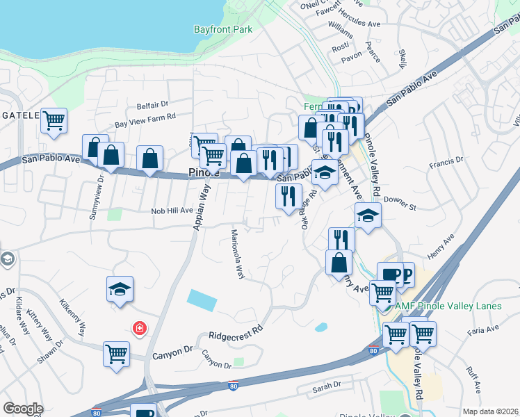 map of restaurants, bars, coffee shops, grocery stores, and more near 801 Alvarez Avenue in Pinole