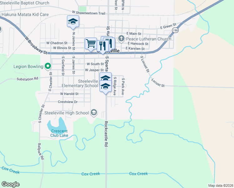 map of restaurants, bars, coffee shops, grocery stores, and more near 211 East Jefferson in Steeleville