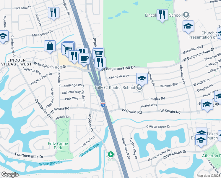 map of restaurants, bars, coffee shops, grocery stores, and more near 6409 Plymouth Road in Stockton