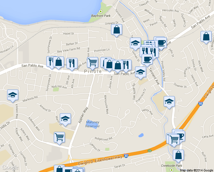 map of restaurants, bars, coffee shops, grocery stores, and more near 903 Jones Court in Pinole