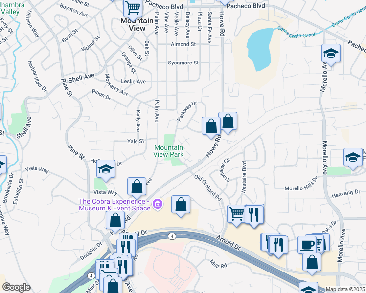 map of restaurants, bars, coffee shops, grocery stores, and more near 233 North Park Court in Martinez