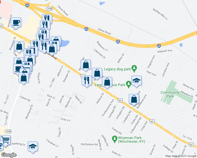 map of restaurants, bars, coffee shops, grocery stores, and more near 5 Bel Air Drive in Winchester