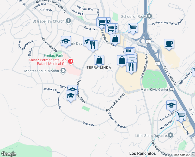 map of restaurants, bars, coffee shops, grocery stores, and more near 475 El Faisan Drive in San Rafael