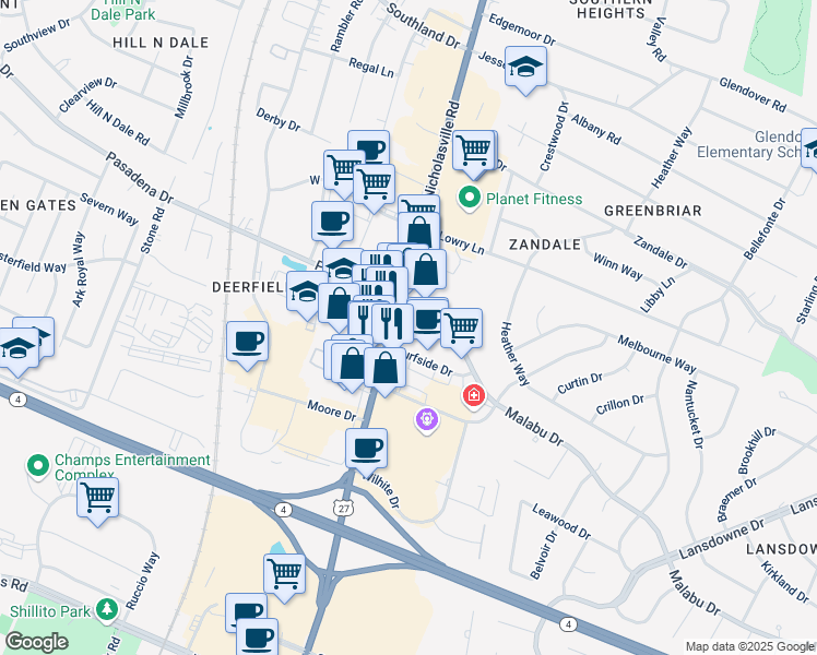 map of restaurants, bars, coffee shops, grocery stores, and more near 100 Malabu Drive in Lexington