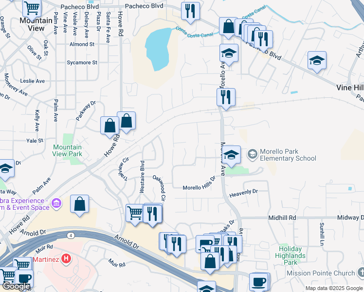 map of restaurants, bars, coffee shops, grocery stores, and more near 121 Saint Nazaire Court in Martinez
