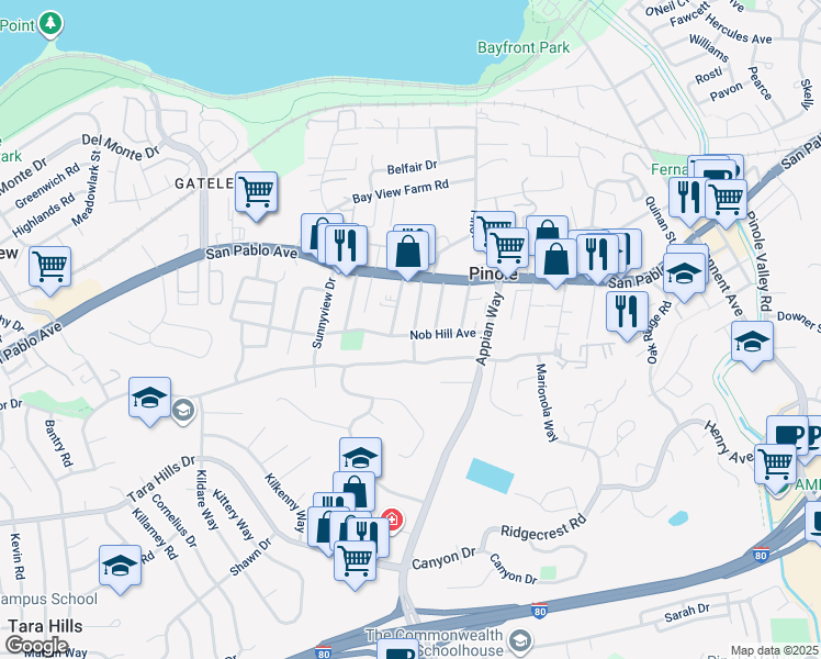 map of restaurants, bars, coffee shops, grocery stores, and more near 1284 Nob Hill Avenue in Pinole