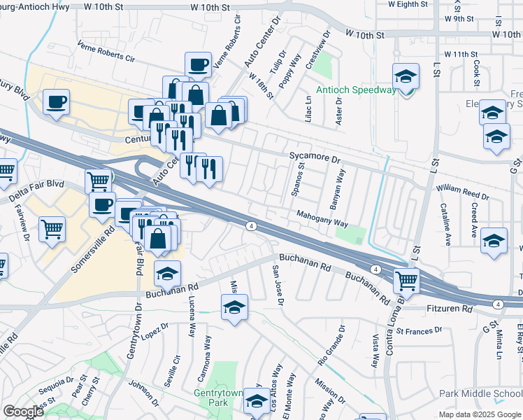 map of restaurants, bars, coffee shops, grocery stores, and more near 2400 Horizon Lane in Antioch